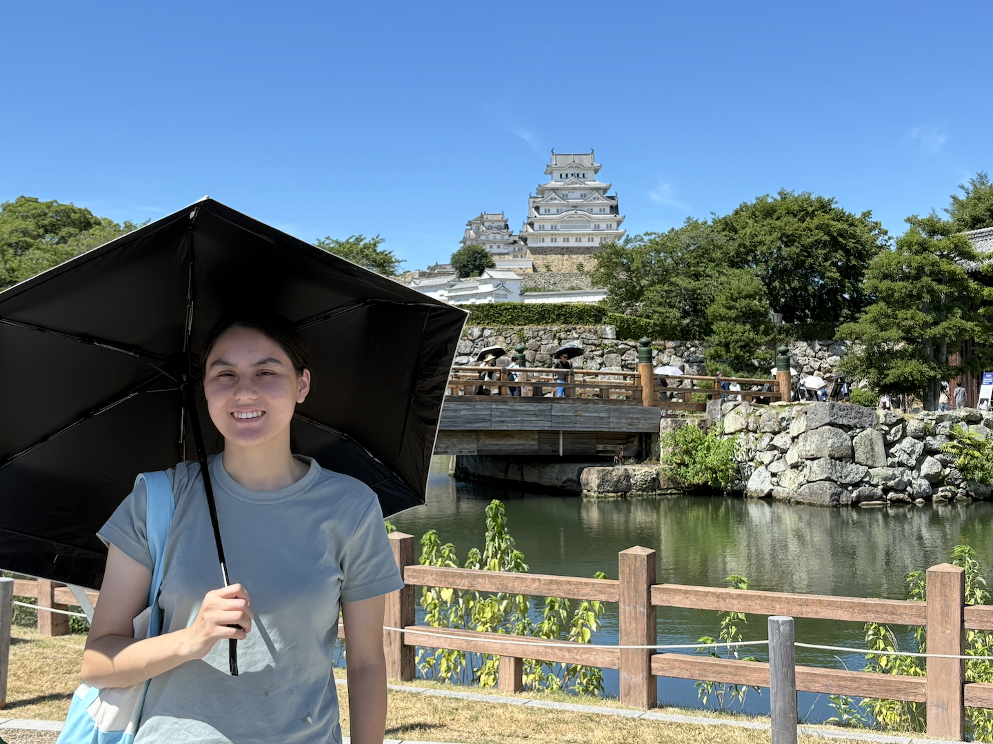 A person holding a black umbrella stands in front of a pond and bridge with a white castle in the background under a clear blue sky.