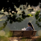 Student sitting on a bench reading a book